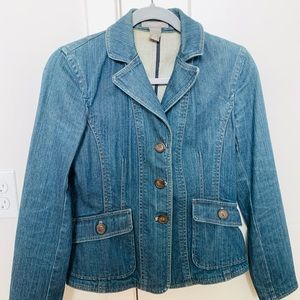 Ann Taylor blue denim jean jacket, size 4p, pre owned